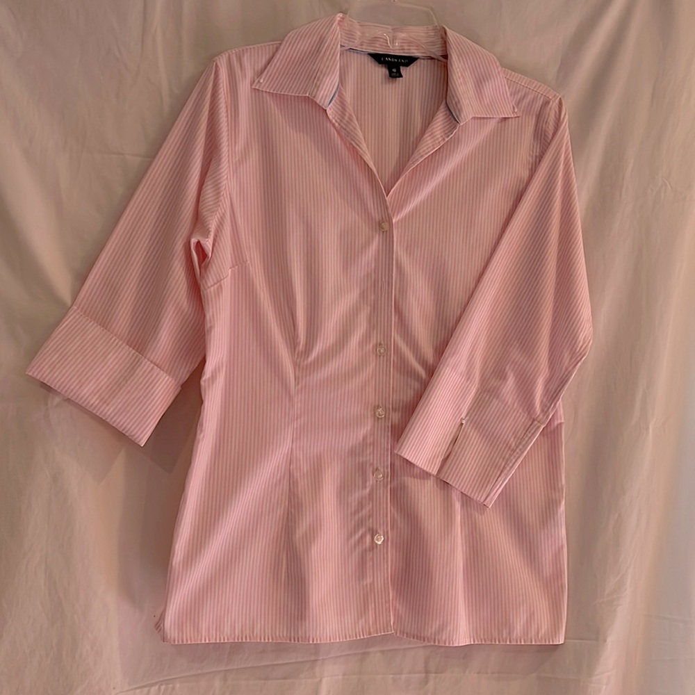Lands End, button down, 3/4 sleeve, pastel pink & white striped blouse, size 10.